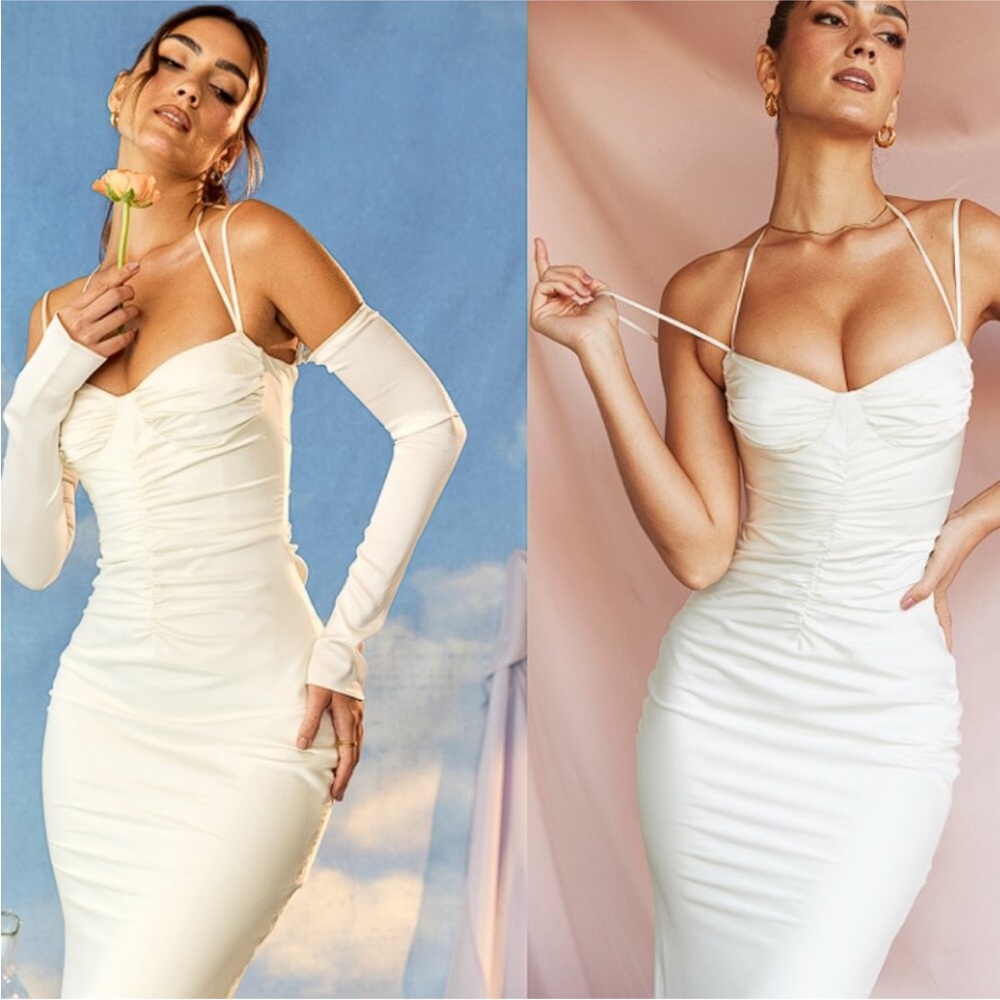HOUSE OF CB 'Nanoushka' Ivory Satin Midi Dress NWOT size M‎